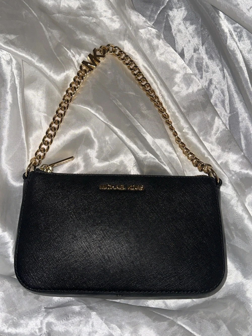 MICHAEL KORS Black Saffiano Clutch with Gold Chain Strap